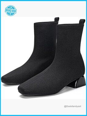 Ankle Boots Low Heel Square Toe Sock Knit Chunky Winter Slip On Shoes